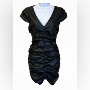 NWT Zara Black Faux Leather Ruched V-Neck Dress Size S